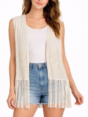 Boho Fringe Vest Cream Embroidered Kimono Festival Bohemian Layering Vest XL